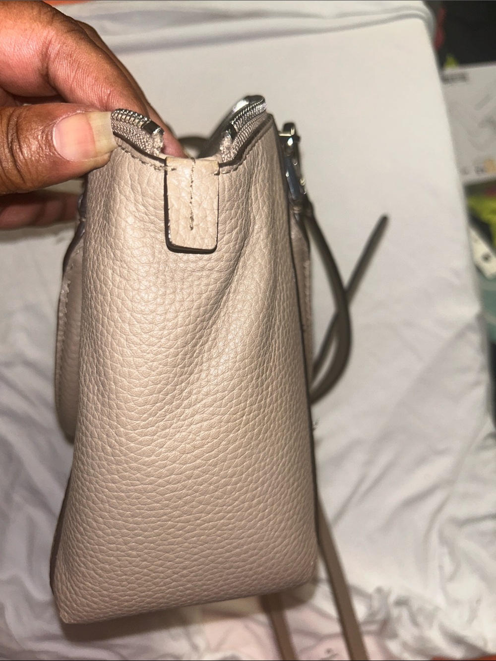 Michael Kors Brown & Beige Geometric Leather Satchel with MK Charm; 20-26” strap - Picture 8 of 15